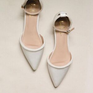 Lulu's Cream Pearl-Trimmed White Phoebe Kassius pointed wedding flats size 10